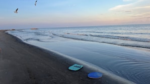 Une plage avec des vagues, une planche de surf et des mouettes.