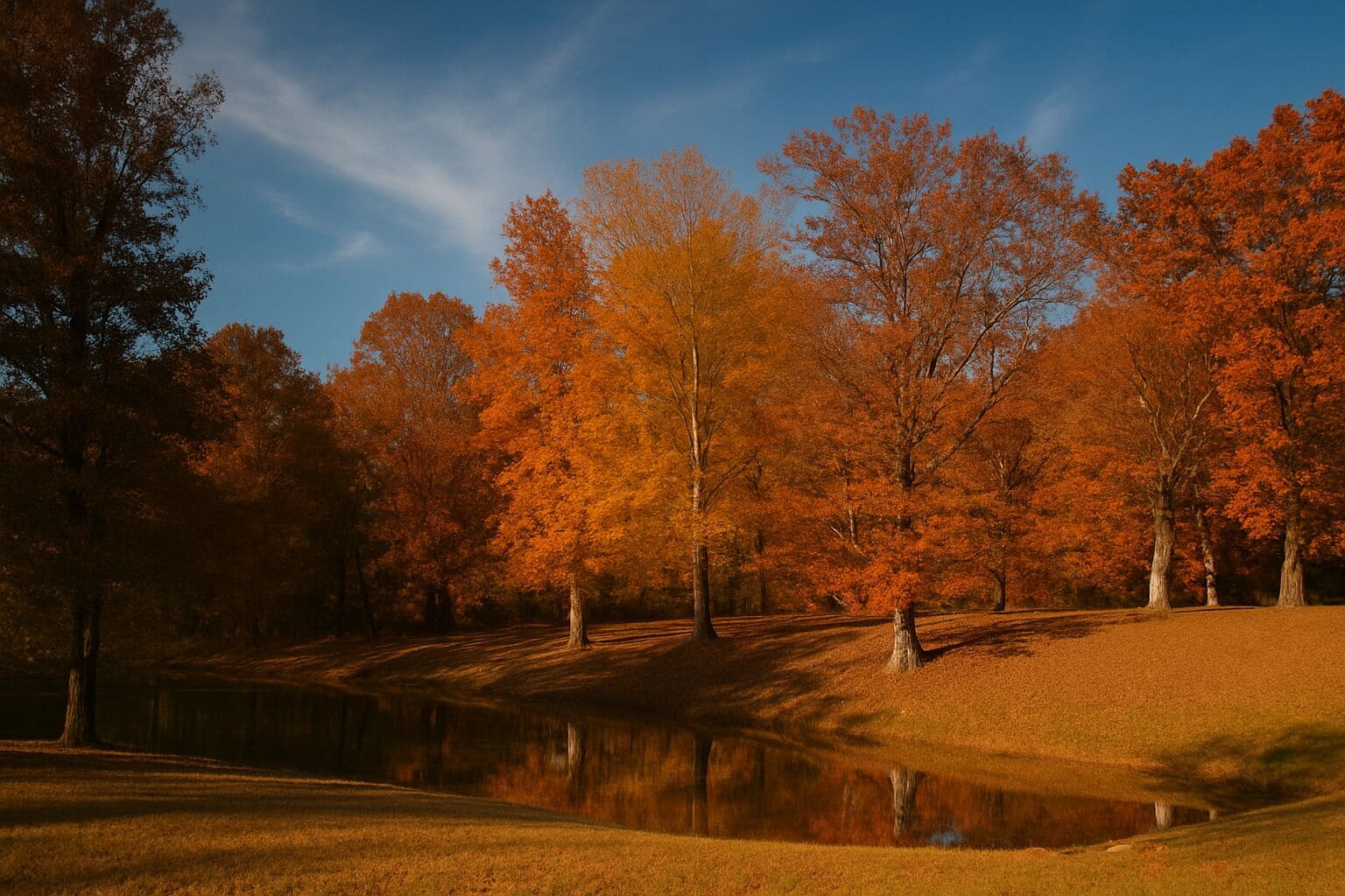 A park with autumn trees and a pond.