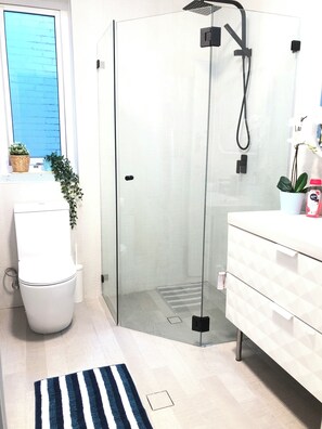 Shower, hair dryer, towels, soap