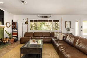 TV, fireplace, books