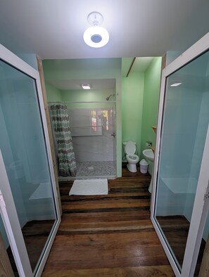 Shower, towels, soap, toilet paper