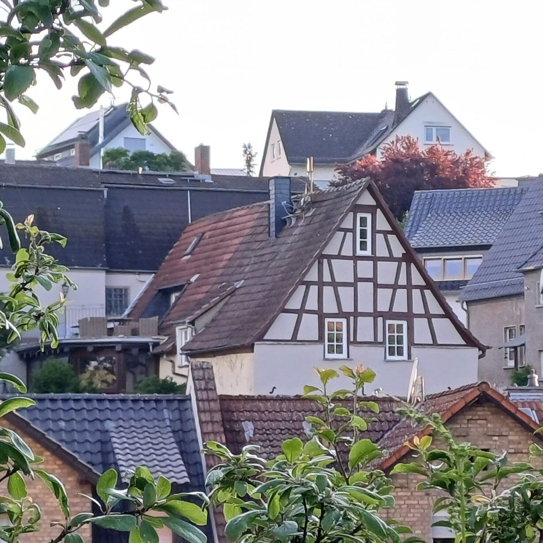 Ein traditionelles Fachwerkhäuschen mit einem steilen Satteldach, umgeben von anderen Wohnhäusern.