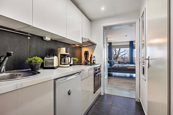 Fridge, microwave, dishwasher, coffee/tea maker