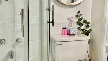 Douche, séchoir à cheveux, serviettes fournies, savon