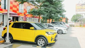 Fila de coches aparcados frente a un edificio con fachada a cuadros.