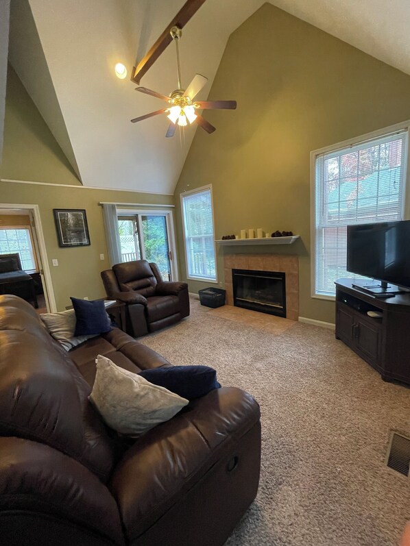 Smart TV, fireplace, books, printers