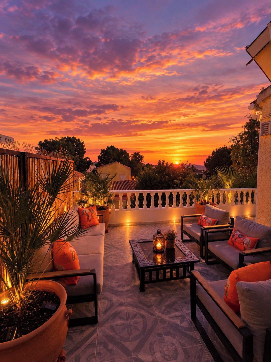 An outdoor seating area with a sunset view, featuring a sofa, chairs, and a coffee table.