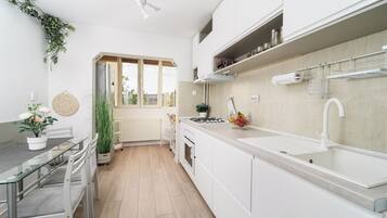 Fridge, microwave, oven, stovetop