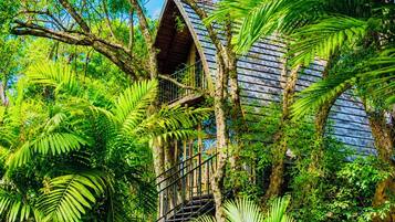 A treehouse with a staircase surrounded by dense tropical foliage.