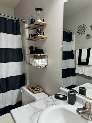 Hair dryer, towels, soap, shampoo