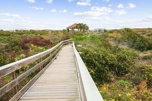 A wooden boardwalk leading to a small structure with a red roof, surrounded by dense vegetation.