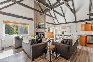 TV, fireplace, books, offices