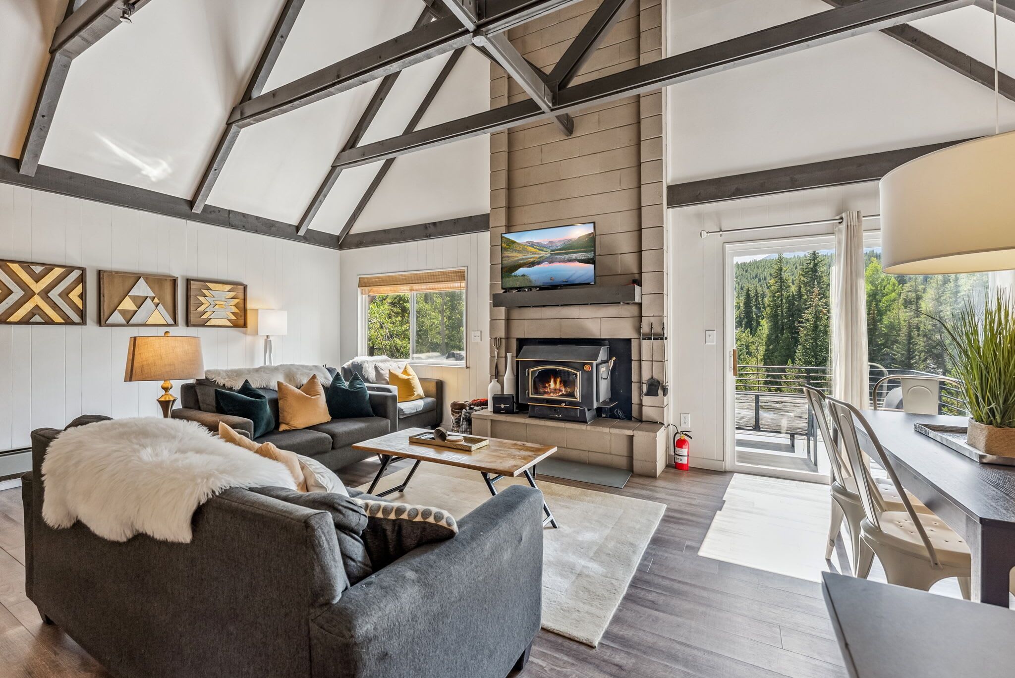 TV, fireplace, books, offices