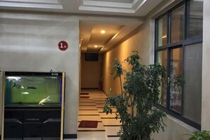 Ein Flur mit einem Aquarium, einer Treppe und einer Pflanze.
