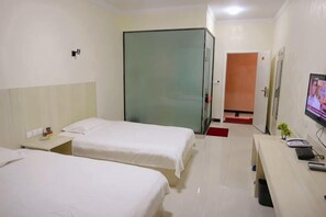 A hotel room with two beds, a desk with a computer, a TV, and a sliding door leading to a bathroom. - Civil rights Holiday Inn (Minquan)