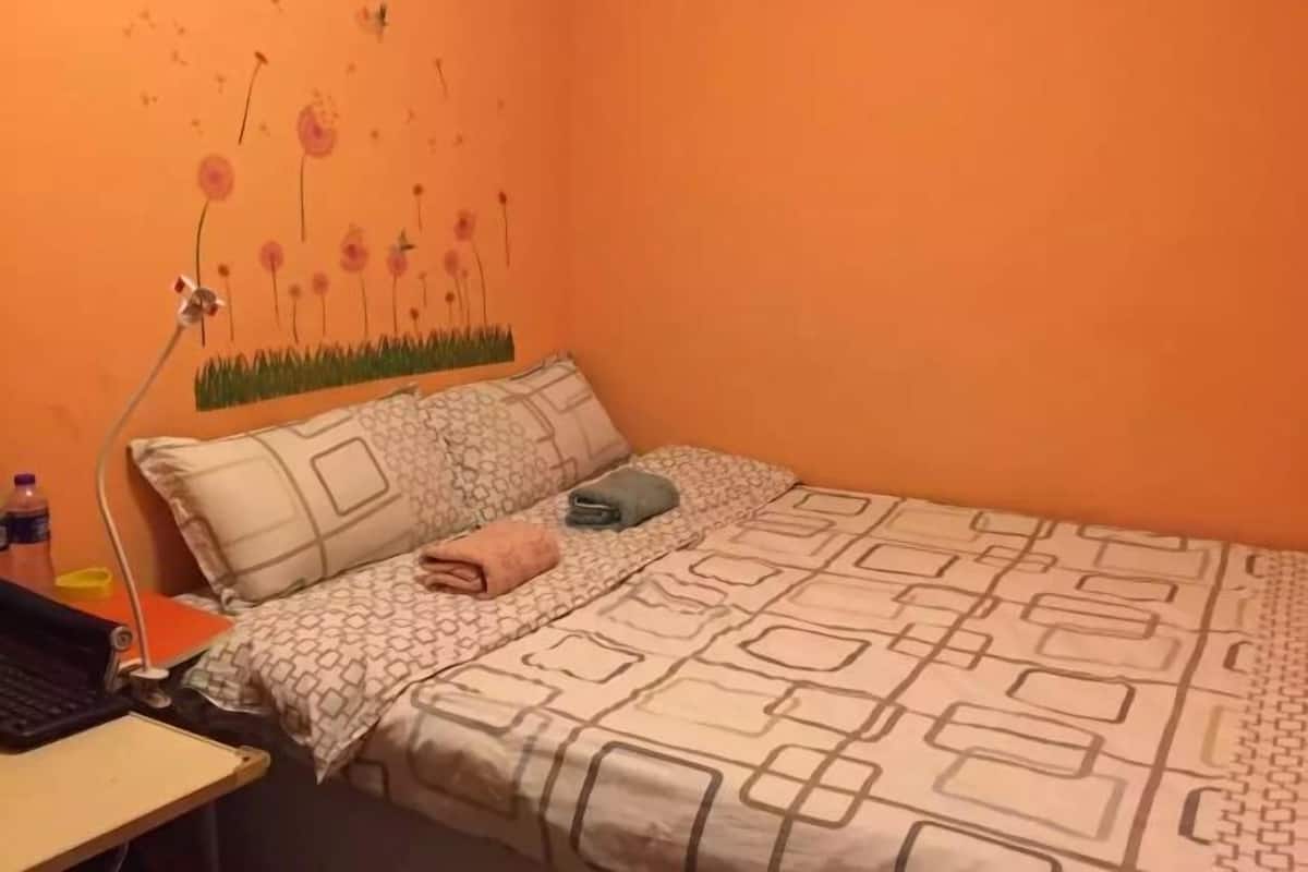 A bedroom with a bed, pillows, a blanket, a laptop, and a wall decoration of dandelions.