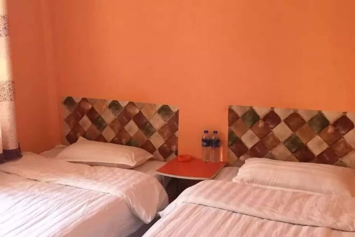 A hotel room with two beds, a small table with two bottles, and a patterned headboard.