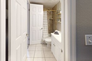 Hair dryer, towels, shampoo