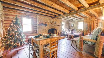 TV, fireplace, books, stereo