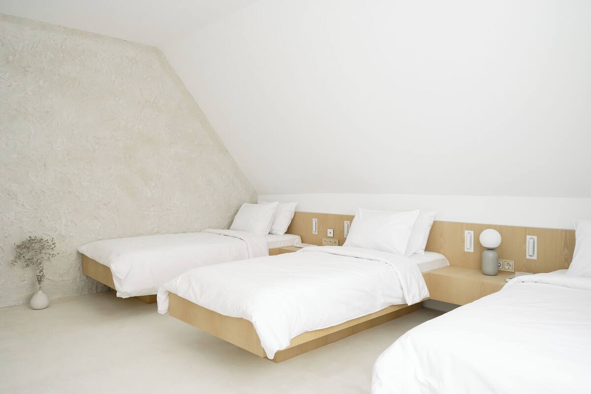 A modern bedroom with a sloped ceiling, two beds, a bedside table, and a vase with dried flowers.
