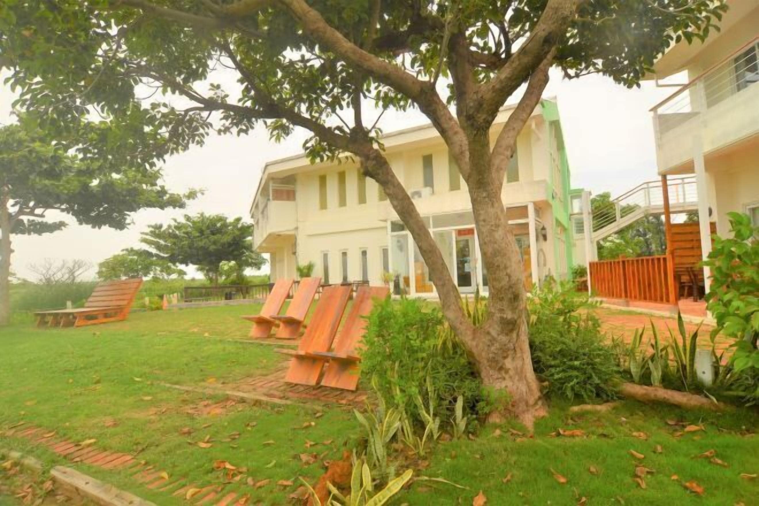 Edificio con césped, un árbol y mobiliario exterior.