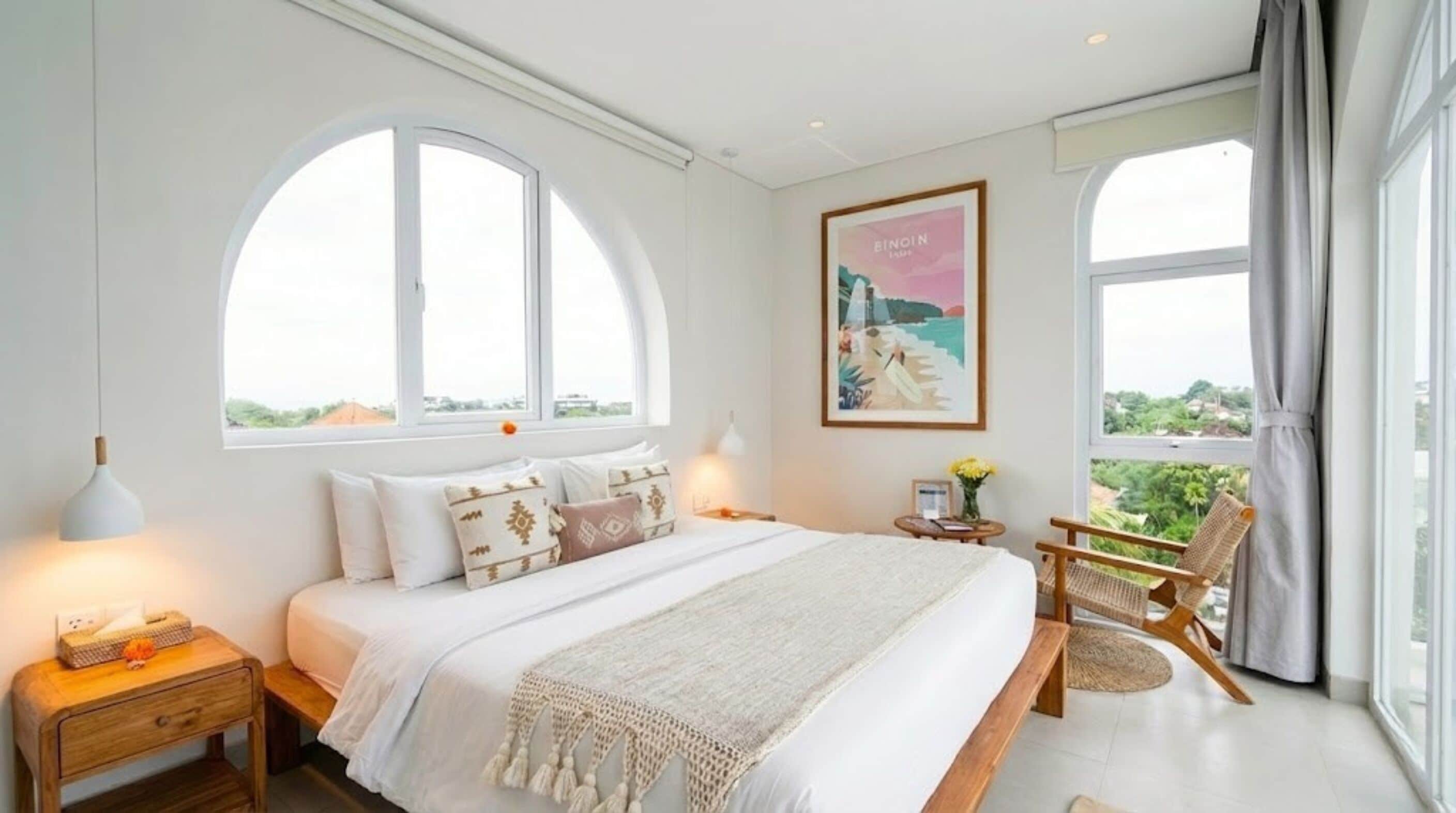 A bedroom with a large bed, two bedside tables, a chair, and a large window with a view.