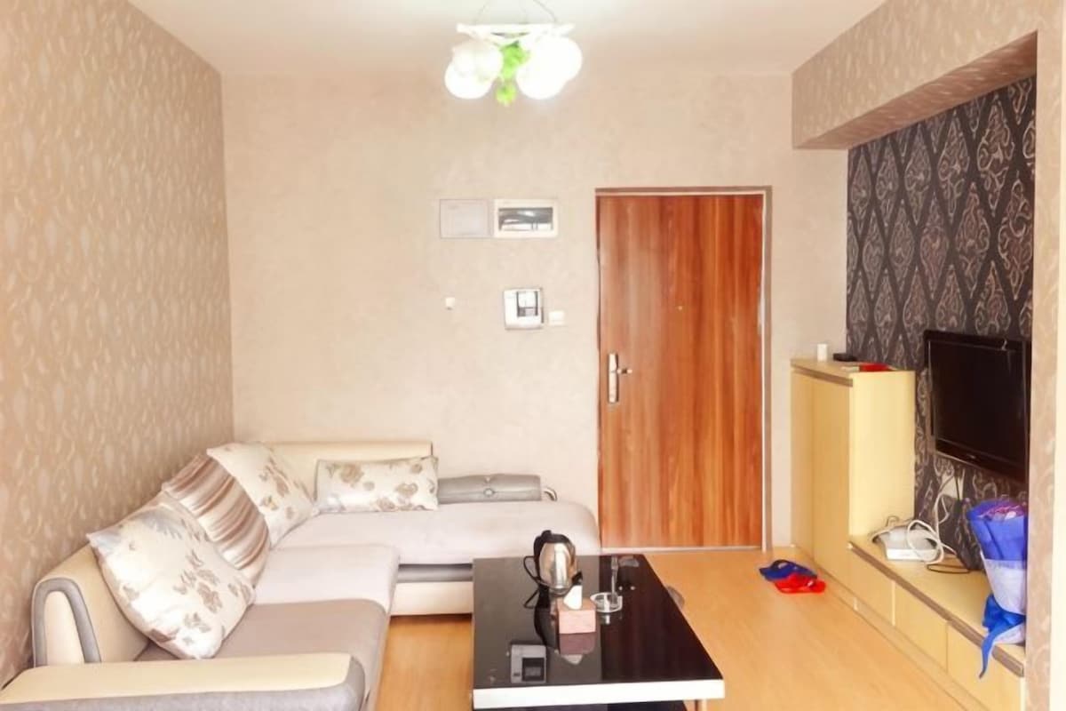 Un salon avec un canapé, une table basse, un téléviseur et une porte.