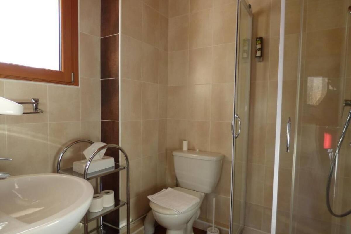 A bathroom with a sink, toilet, and shower.