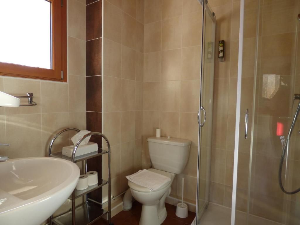 A bathroom with a sink, toilet, and shower.