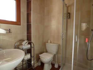 A bathroom with a sink, toilet, and shower.
