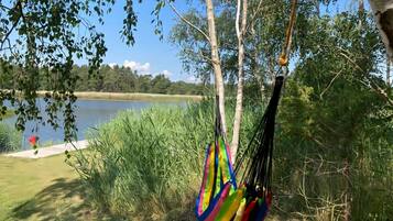 A hammock hanging between trees by a lake.