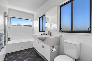 Hair dryer, towels, soap, toilet paper