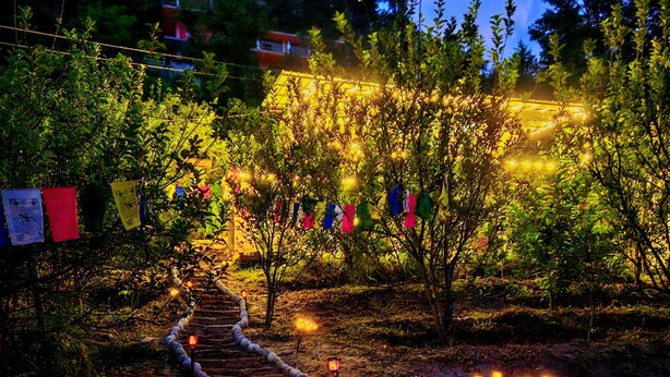 Un chemin de pierres qui traverse un jardin illuminé de guirlandes lumineuses et décoré de drapeaux.