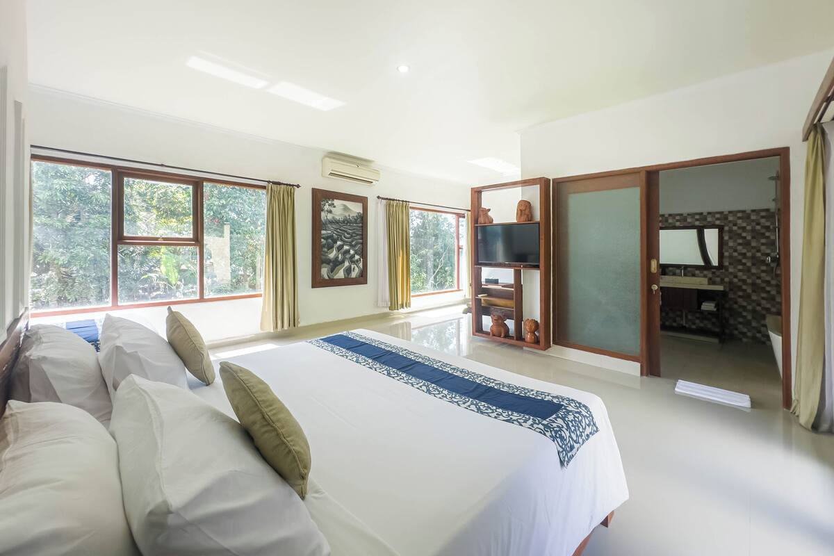 Une chambre spacieuse avec un grand lit, un téléviseur posé sur un meuble en bois, et une salle de bain visible à travers une porte ouverte.