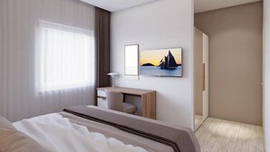 A modern hotel room with a bed, a desk, and a large window. - Apartments Villa Subic - Two Bedroom Apartment with Balcony A2 (Kampor)