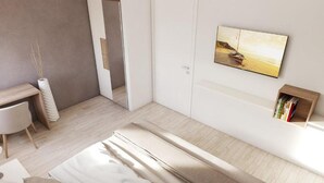 Un dormitorio moderno con una cama, un escritorio y una estantería.