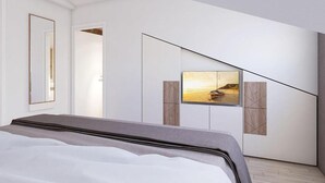 Un dormitorio moderno con cama, un ventanal grande y un cuadro de un paisaje desértico.