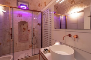 Shower, jetted tub, hair dryer, bidet