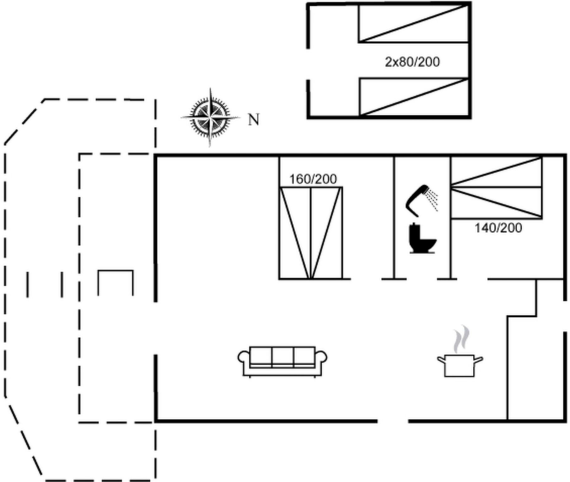 A floor plan with a living area, a kitchen, and a bathroom.
