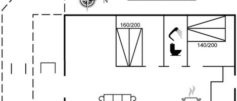A floor plan with a living area, a kitchen, and a bathroom.