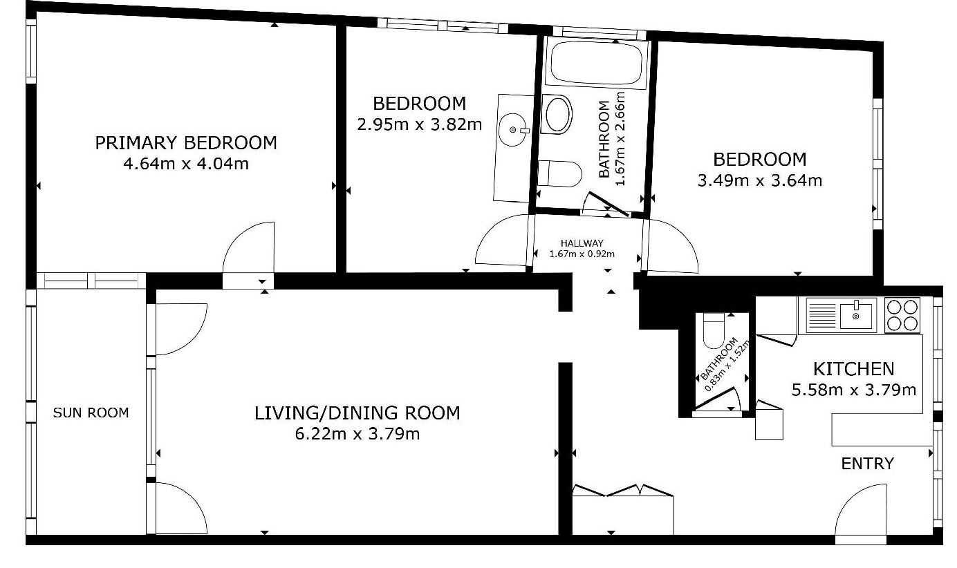 A floor plan with a primary bedroom (4.64m x 4.04m), a secondary bedroom (2.95m x 3.82m), a bathroom (1.67m x 2.66m), a kitchen (5.58m x 3.79m), a living/dining room (6.22m x 3.79m), and a sun room.