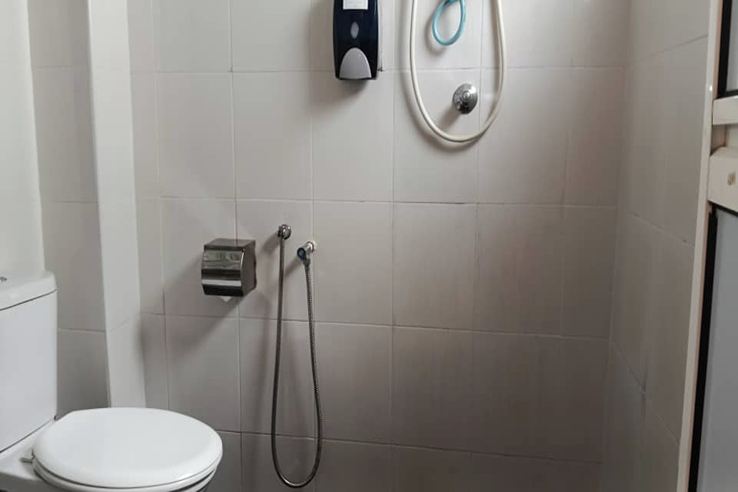 A bathroom with a toilet, a hand dryer, and a shower head.