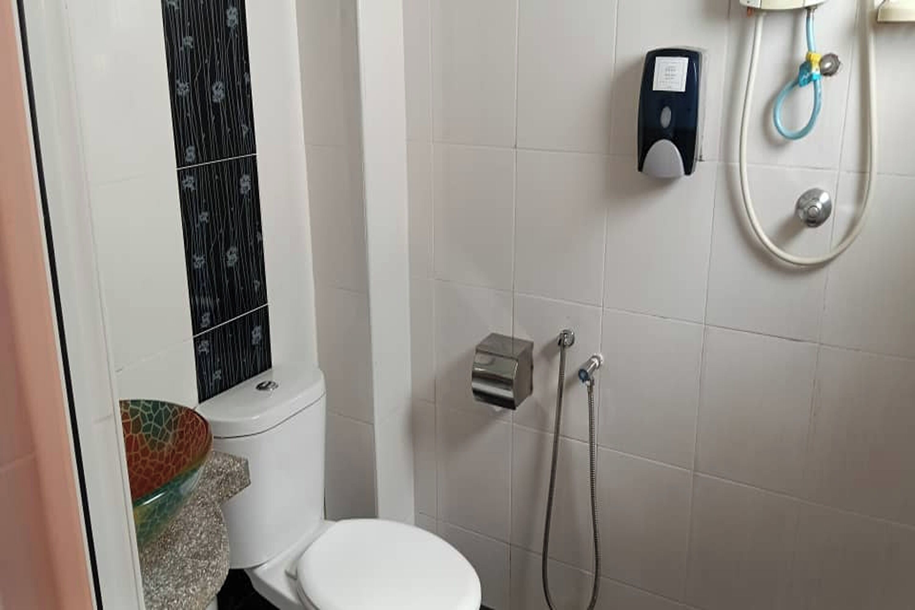 A bathroom with a toilet, a shower, and a soap dispenser.
