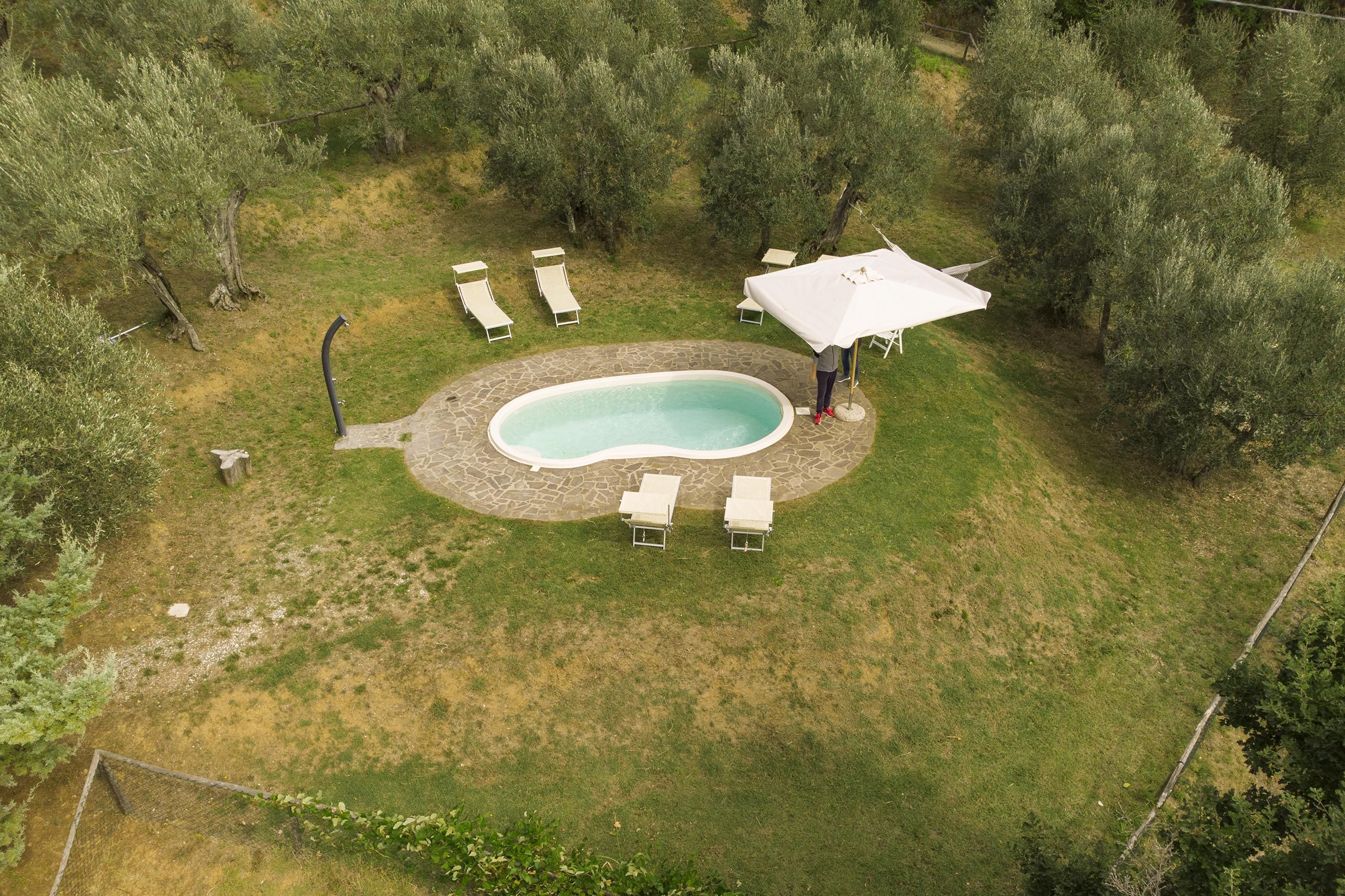 An aerial view of a swimming pool area with lounge chairs and a covered seating area surrounded by trees.