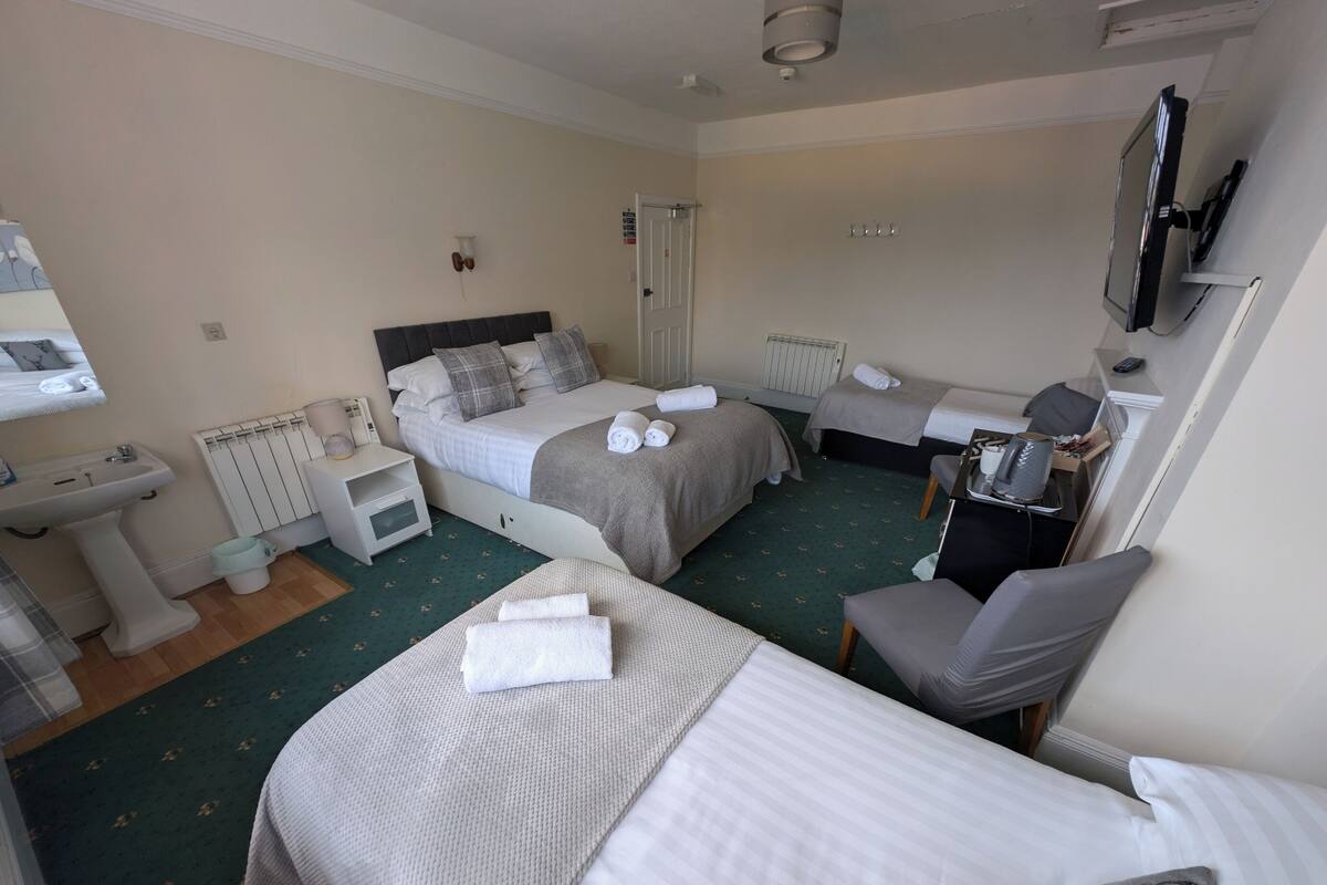Habitación de hotel con dos camas, un escritorio, una silla, un televisor, un lavamanos y un radiador.