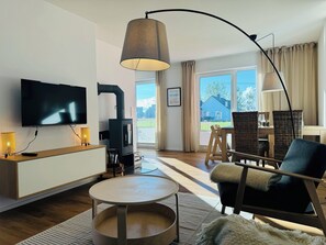 TV, fireplace, video library