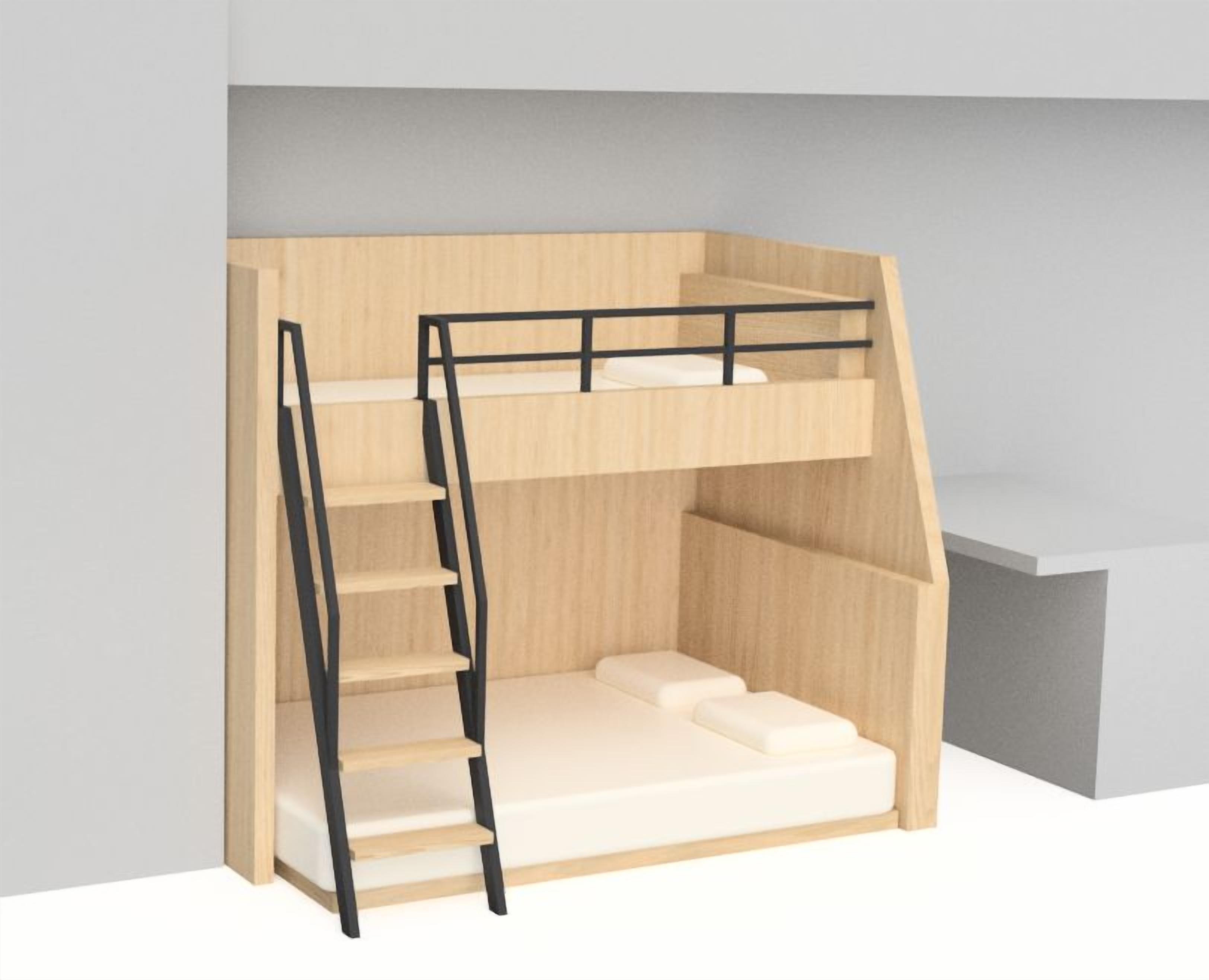 A bunk bed with a ladder and a desk area.