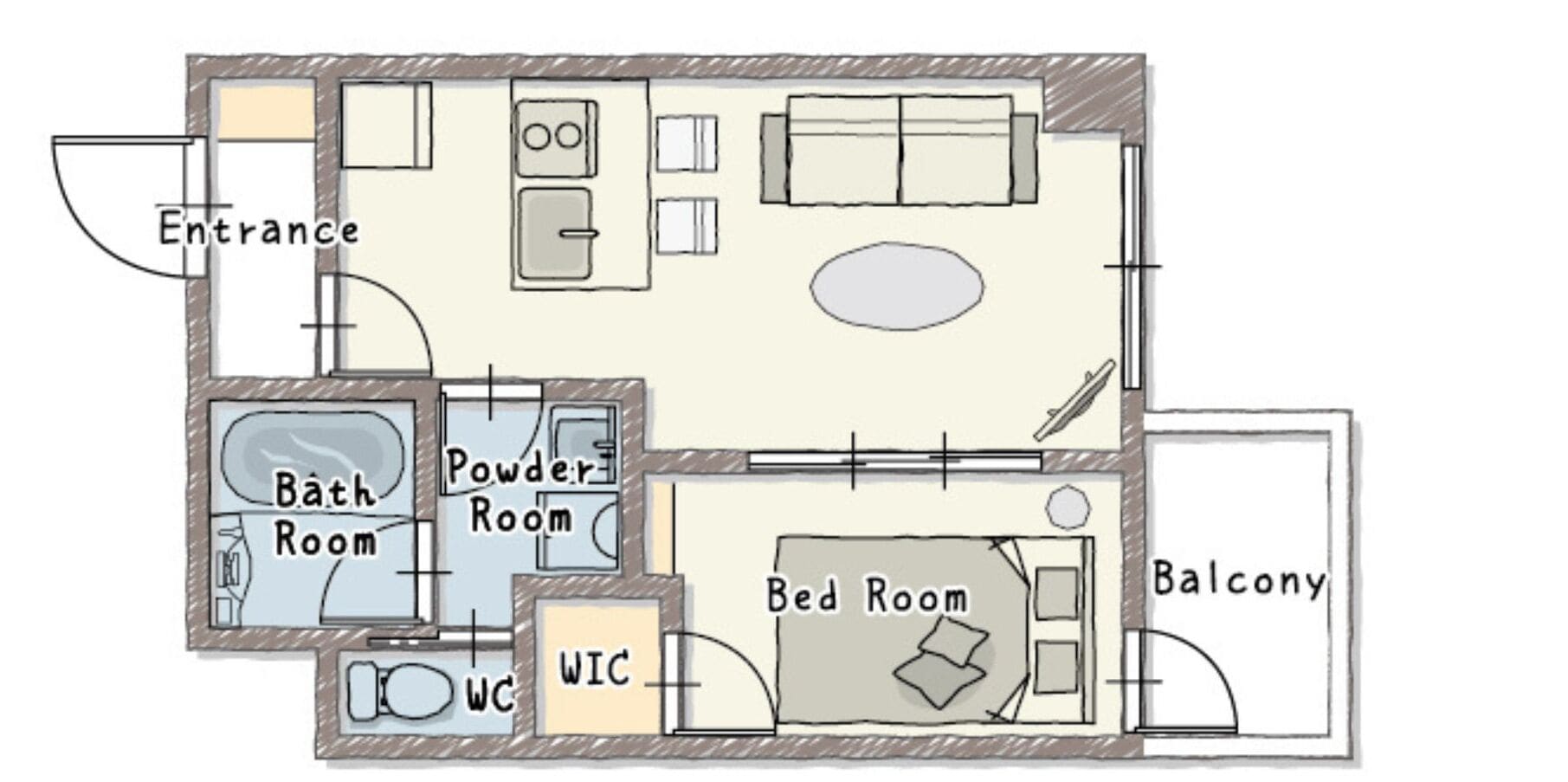 A floor plan of a hotel room with an entrance, bathroom, powder room, bed room, WC, and balcony.