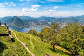 A scenic view of a mountainous landscape with a lake and a town in the valley. - Al Pontile Di Caslano (Caslano)