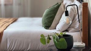 A neatly made bed with white linens, a green pillow, and a small potted plant on a bedside table. - Large, 2 BR stable conversion (circa 1874) tucked in the heart of old town. 🍃 (Echuca)
